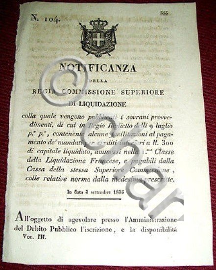 Decreto Regno Sardegna Torino Notificanza Provvedimenti Liquidazione Francese