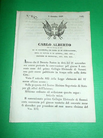 Decreto Regno Sardegna Torino Primo Collegio Elettorale di Sassari 1848