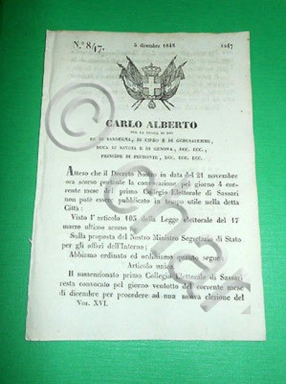 Decreto Regno Sardegna Torino Primo Collegio Elettorale di Sassari 1848