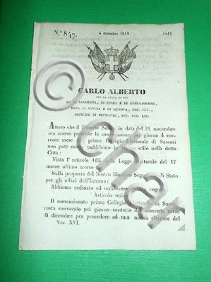 Decreto Regno Sardegna Torino Primo Collegio Elettorale di Sassari 1848