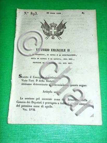 Decreto Regno Sardegna Torino Proroga Sessione Parlamento 1849