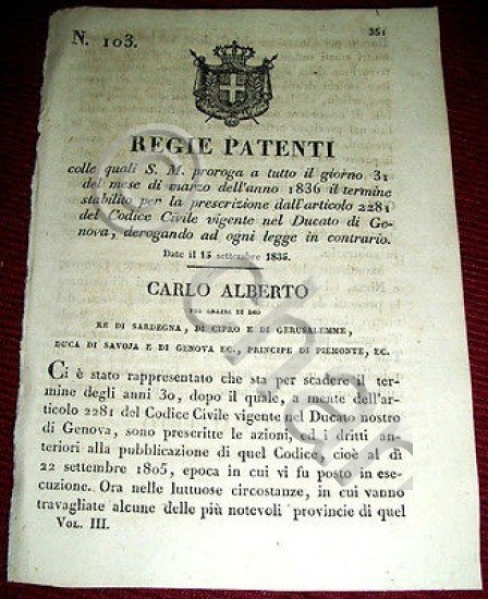 Decreto Regno Sardegna Torino Regie Patenti Proroga Codice Civile Ducato …