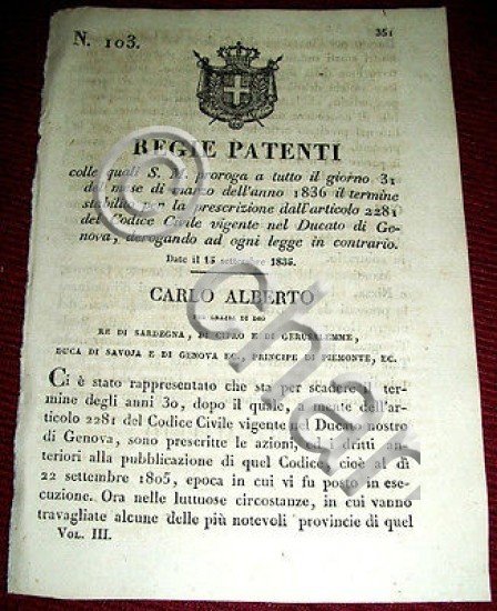 Decreto Regno Sardegna Torino Regie Patenti Proroga Codice Civile Ducato …
