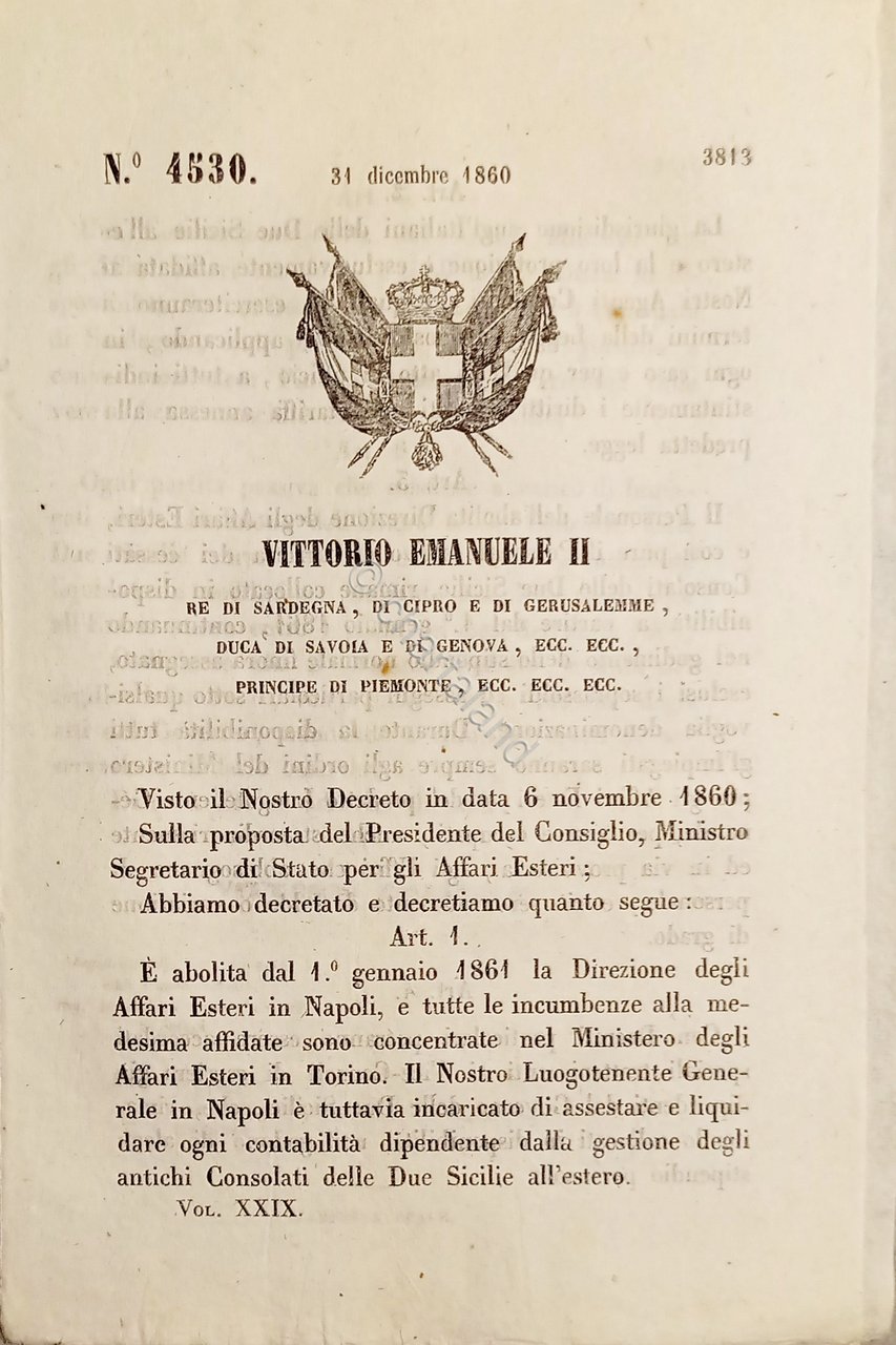 Decreto V. Emanuele II - E' abolita la Direzione degli …