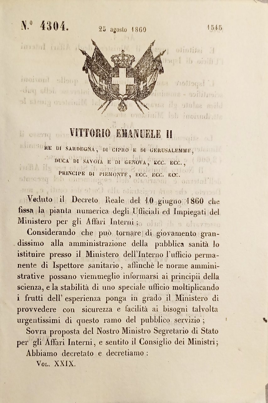 Decreto V. Emanuele II - È istituito l'Ufficio di Ispettore …