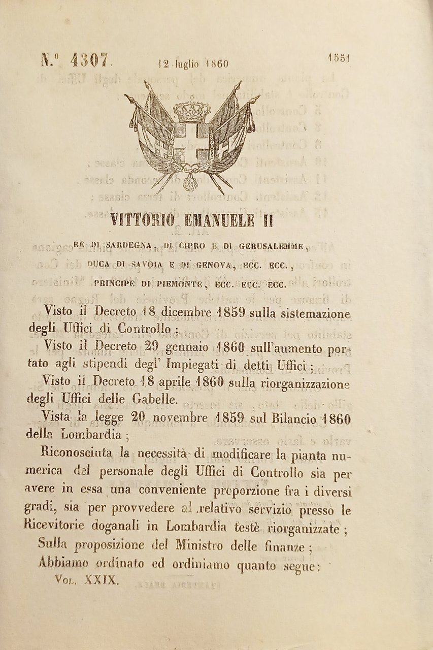 Decreto V. Emanuele II - È stabilita pianta personale Uffici …