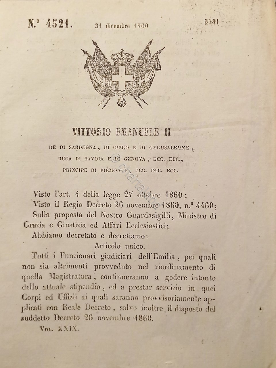 Decreto V. Emanuele II - Funzionari giudiziari dell'Emilia - 1860