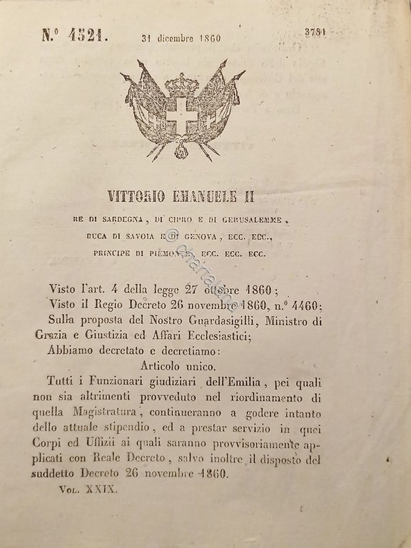 Decreto V. Emanuele II - Funzionari giudiziari dell'Emilia - 1860