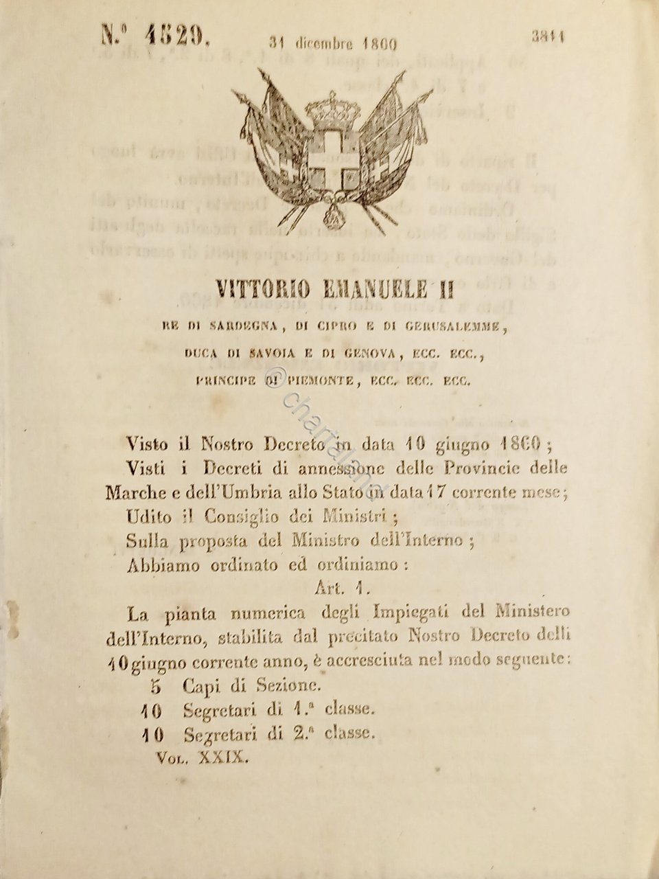 Decreto V. Emanuele II - Pianta degli impiegati del Ministero …