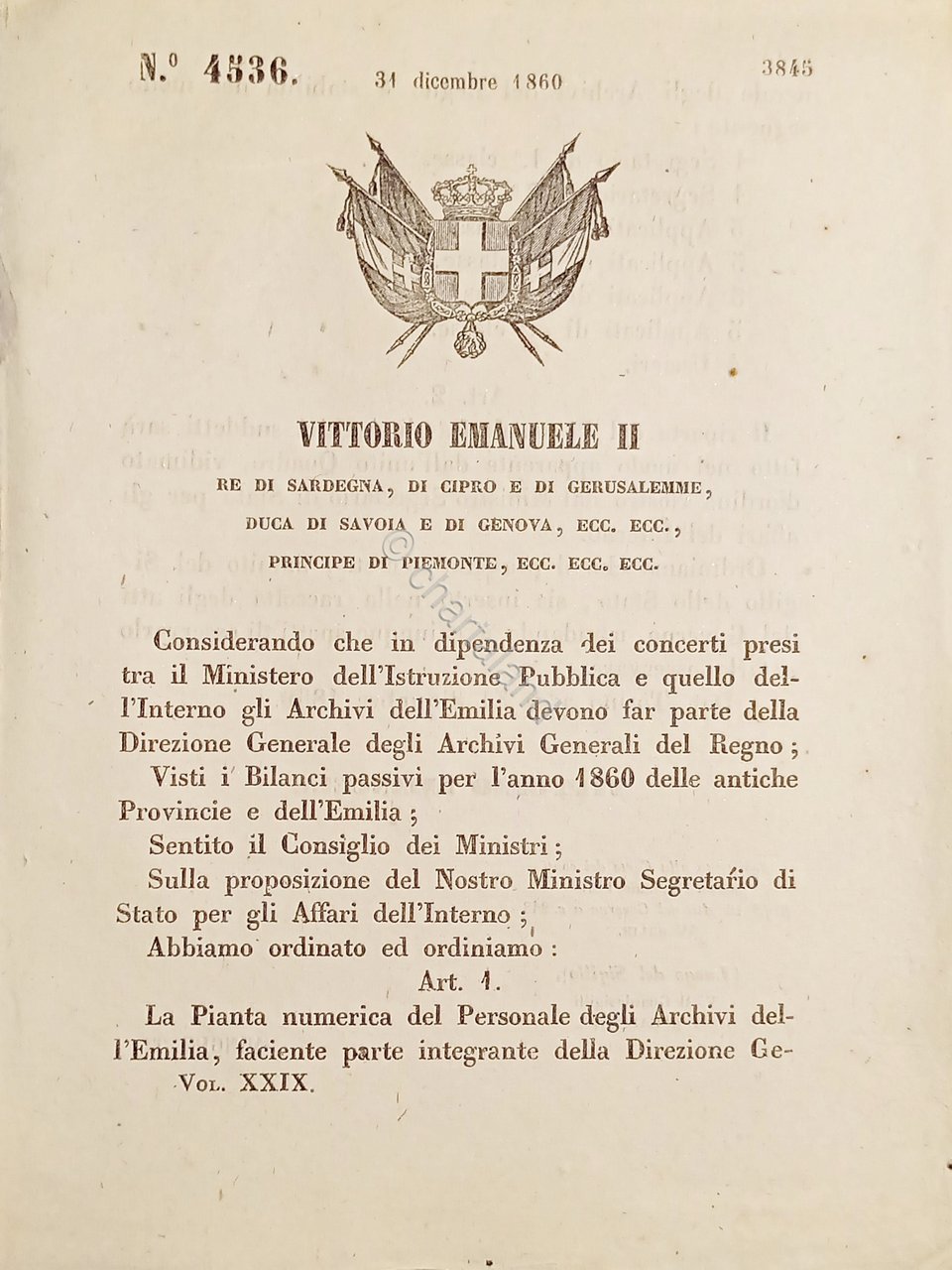 Decreto V. Emanuele II - Pianta del personale degli Archivi …