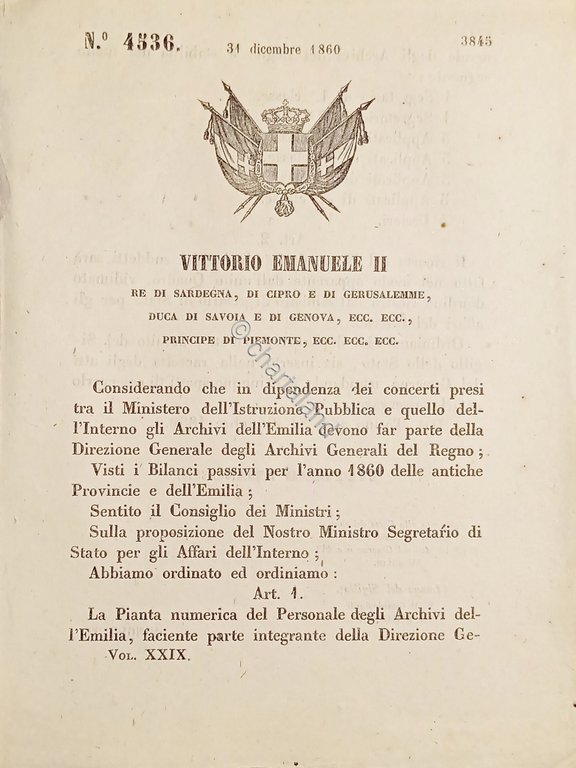 Decreto V. Emanuele II - Pianta del personale degli Archivi …