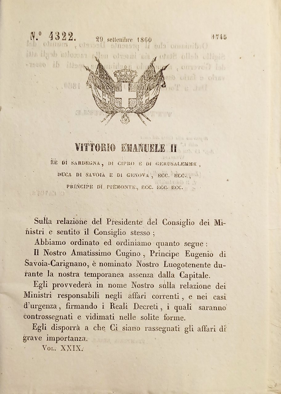 Decreto V. Emanuele II - Principe Eugenio è nominato Nostro …