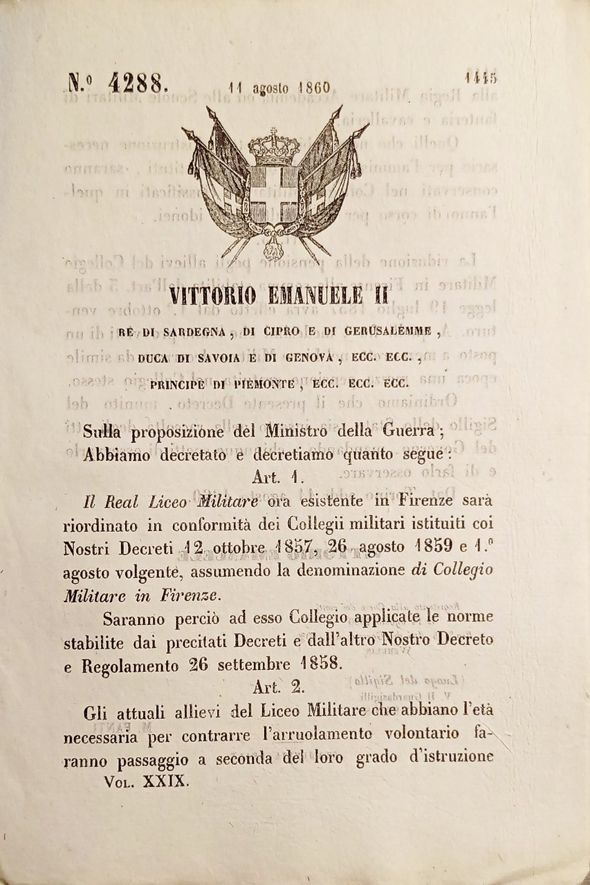 Decreto V. Emanuele II - Real Liceo Militare in Firenze …