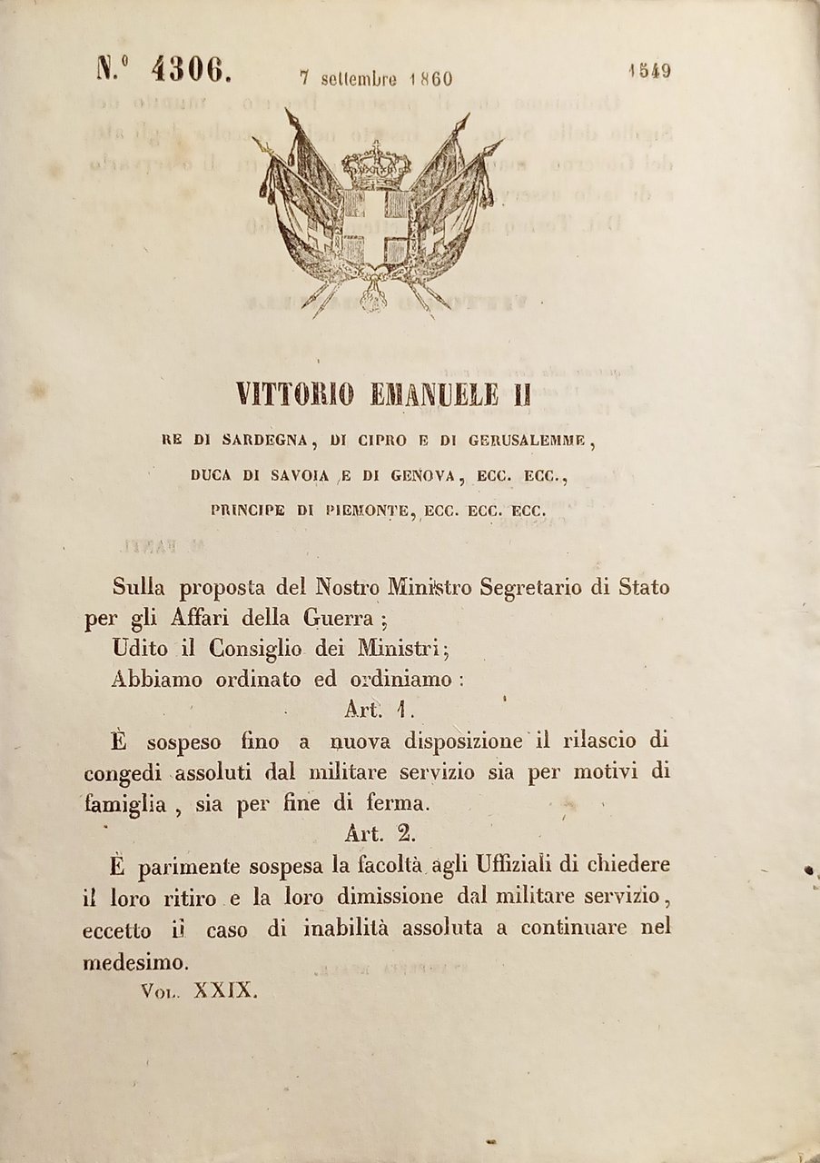 Decreto V. Emanuele II È sospeso rilascio congedi assoluti militare …