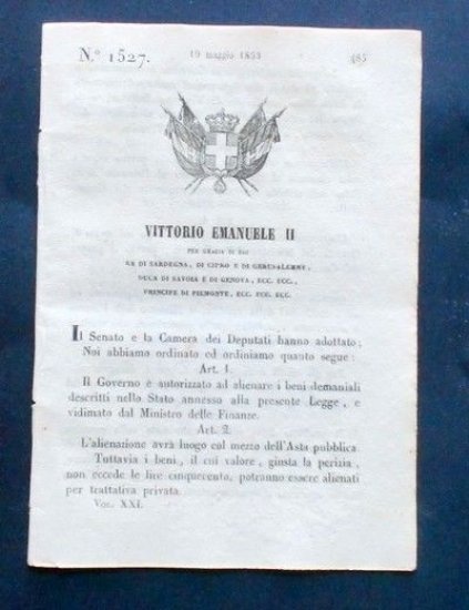 Decreto Vittorio Emanuele II - Autorizzazione Governo ad alienare beni …