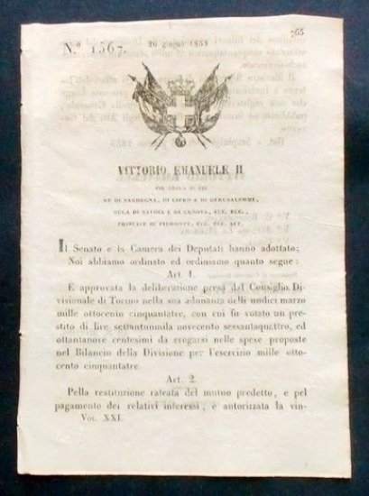 Decreto Vittorio Emanuele II - Bilancio Divisione per l'esercizio 1853 … | Immagine principale