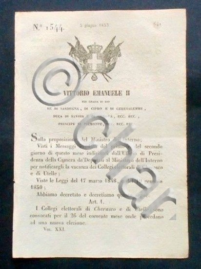 Decreto Vittorio Emanuele II - Collegi elettorali di Cherasco e …