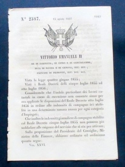 Decreto Vittorio Emanuele II - Determinazione indennità giornaliere - 1857 | Immagine principale