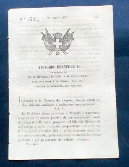 Decreto Vittorio Emanuele II - Divisione Amministrativa di Sassari - 1853
