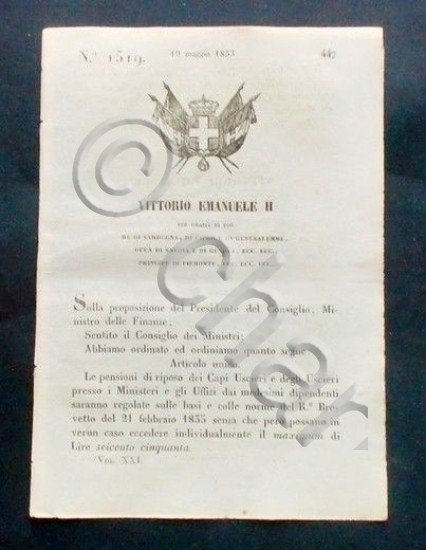 Decreto Vittorio Emanuele II - Pensioni di riposo Capi Uscieri …