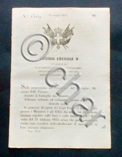 Decreto Vittorio Emanuele II - Pensioni di riposo Capi Uscieri …