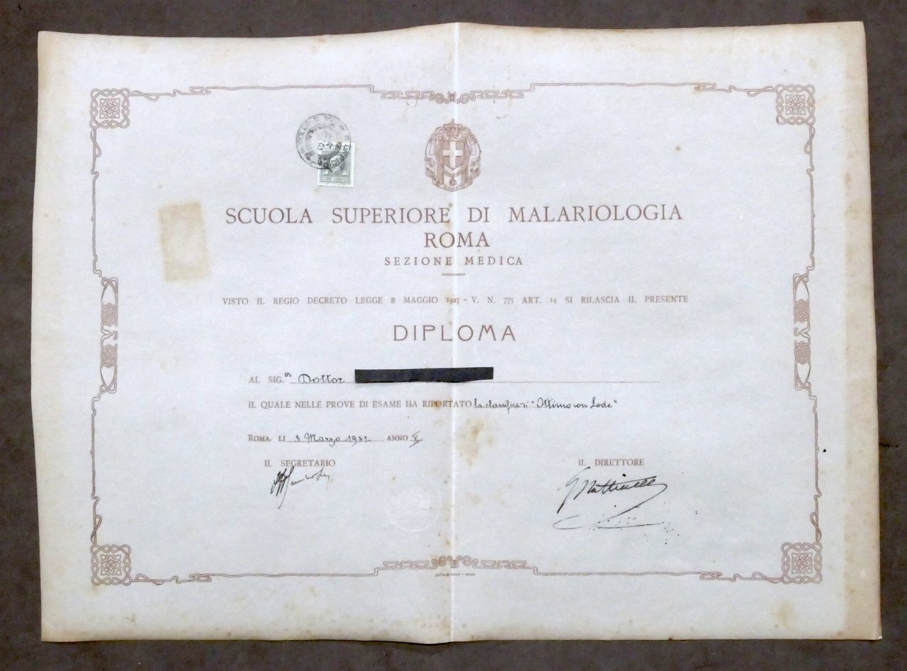 Diploma - Scuola Superiore di Malariologia - Roma - Sezione …