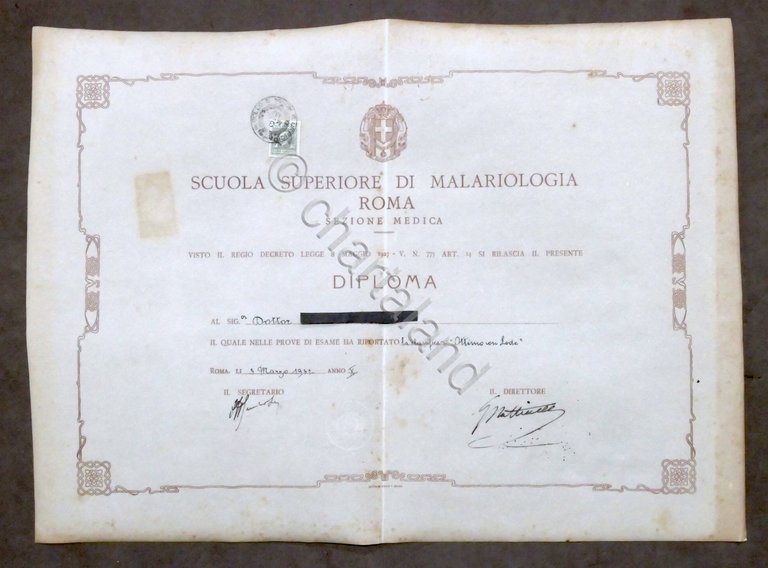 Diploma - Scuola Superiore di Malariologia - Roma - Sezione …