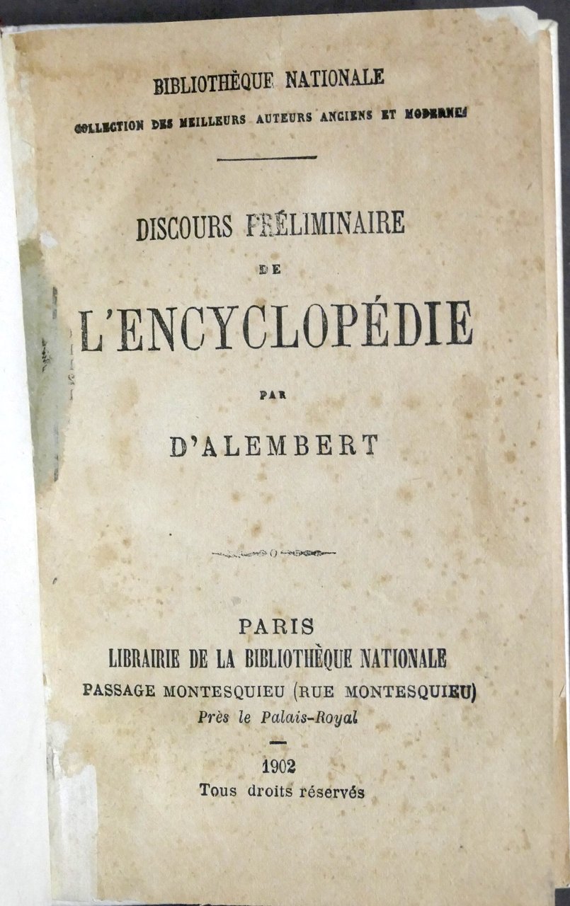 Discours préliminaire de l'Encyclopédie par D'Alembert - ed. 1902