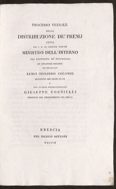 Distribuzione premi Regio Liceo - Dipartimento del Mella - Brescia - 1810