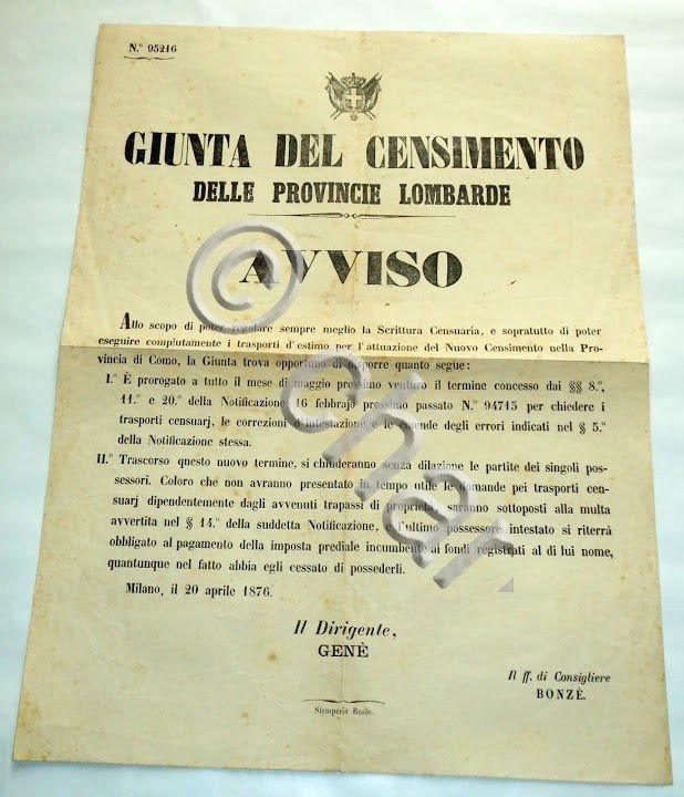 Documento antico Avviso Censimento Como e Provincia 1876