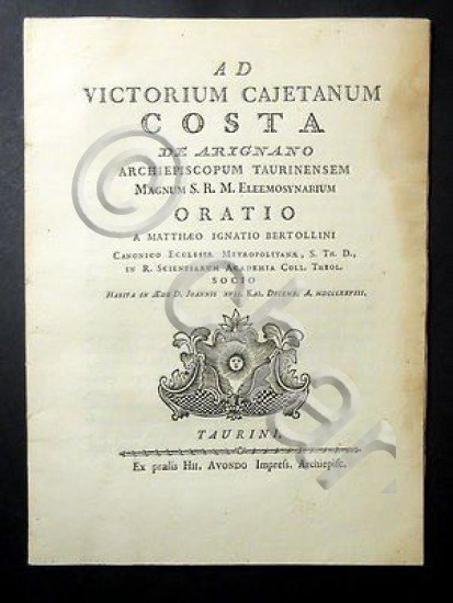 Documento Vittorio Gaetano Costa d'Arignano Orazione - Torino 1778