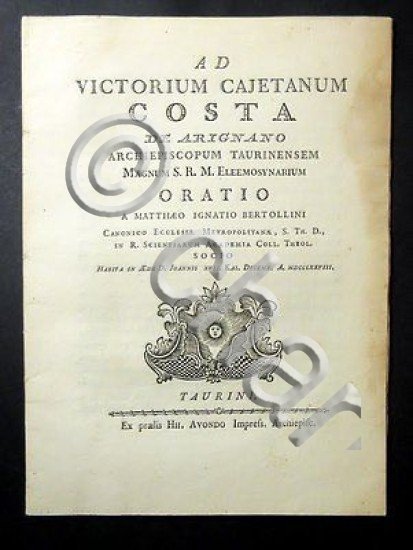 Documento Vittorio Gaetano Costa d'Arignano Orazione - Torino 1778