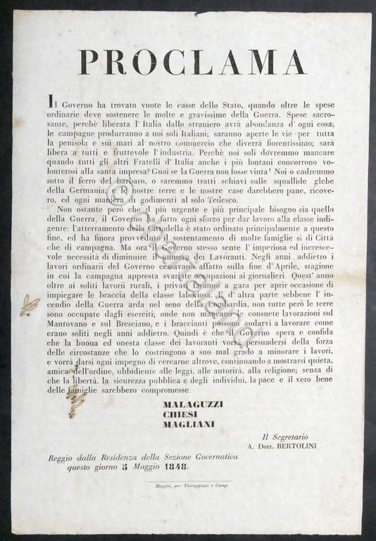 Ducato di Reggio - Proclama del Governo: richiesta diminuzione Lavoranti 1848