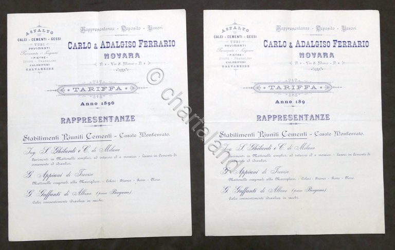 Edilizia - 2 Listini prezzi Carlo & Adalgiso Ferrari - Novara - 1896