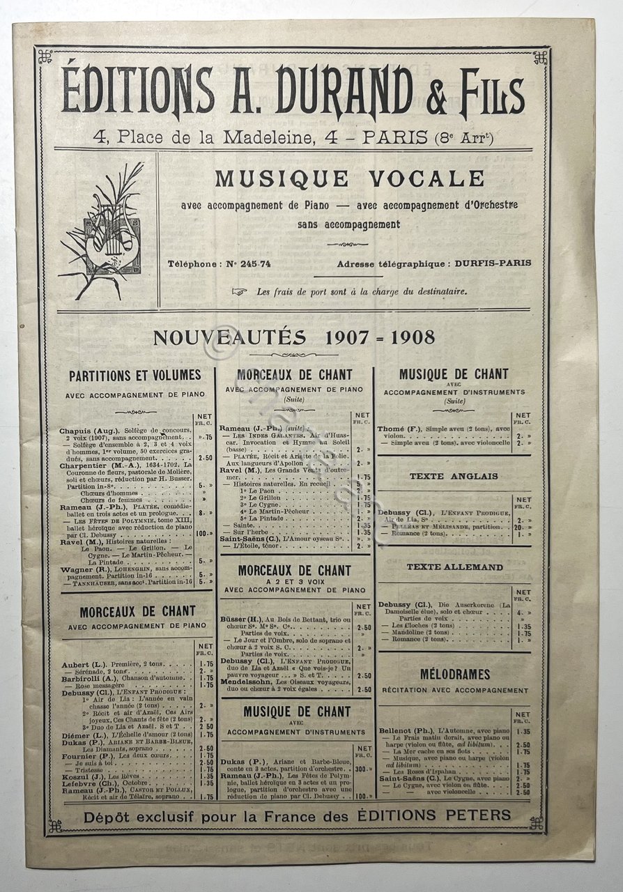 Editions A. Durand & Fils - Musique Vocale - Nouveautés … | Immagine principale