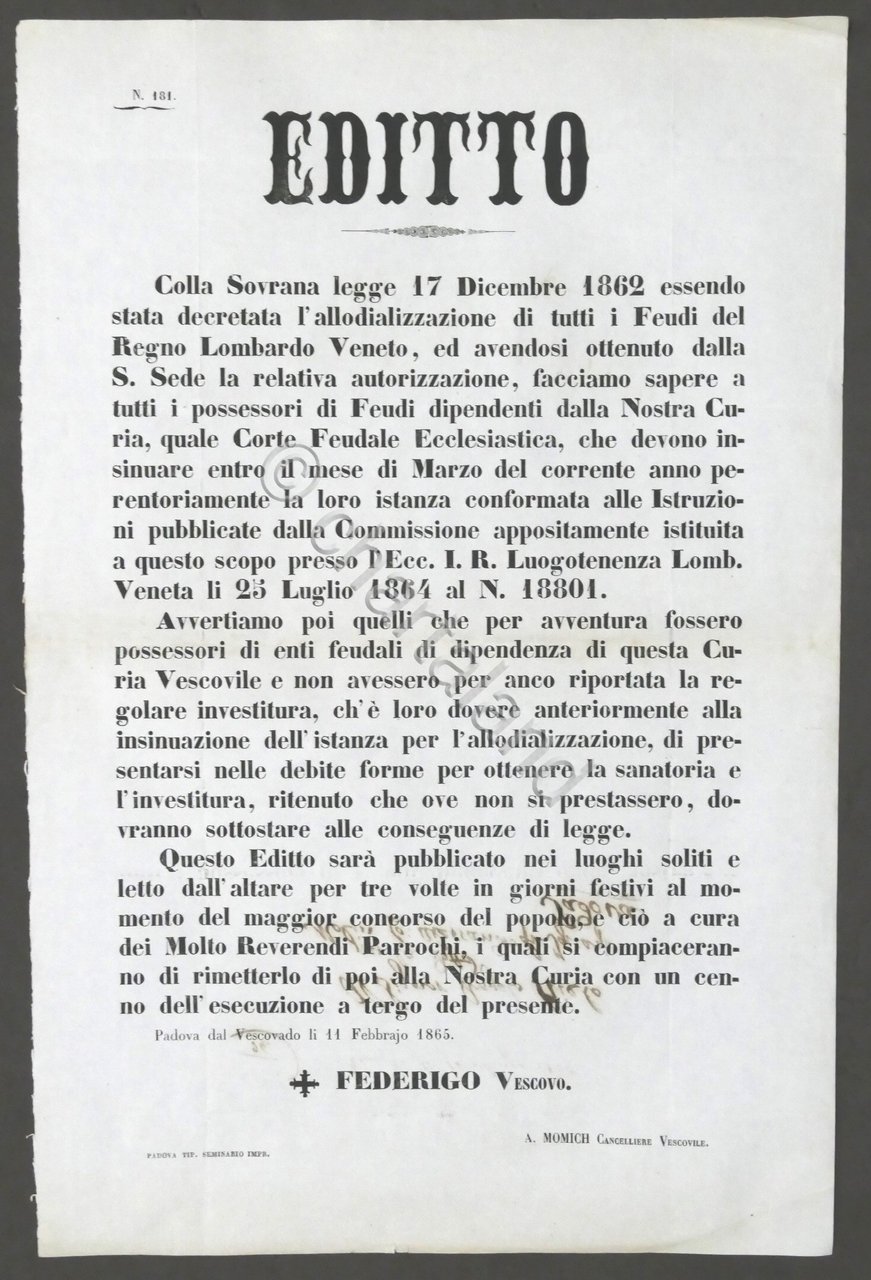 Editto: Allodializzazione dei feudi del Regno Lombardo Veneto - Padova …