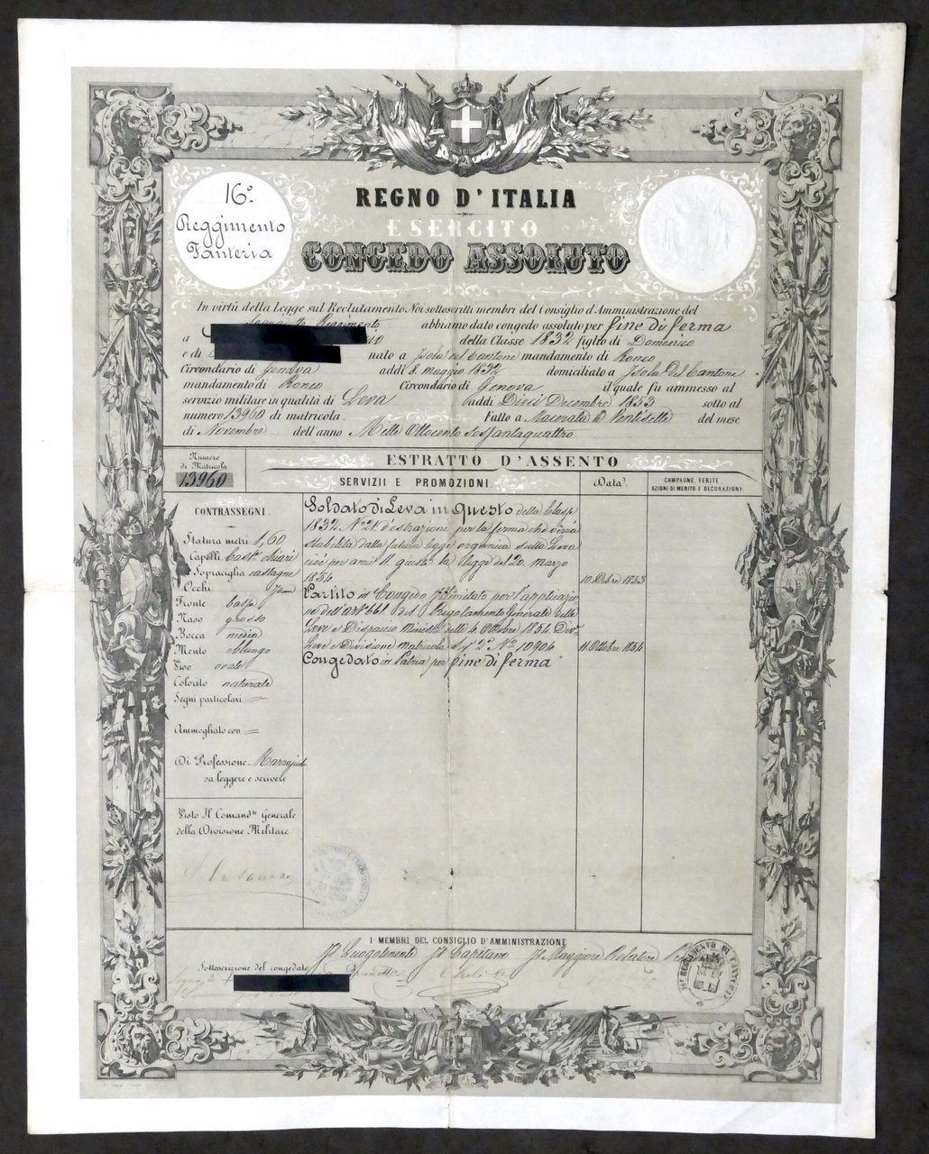 Esercito Regno d'Italia - Foglio di Congedo Assoluto - 16° … | Immagine principale