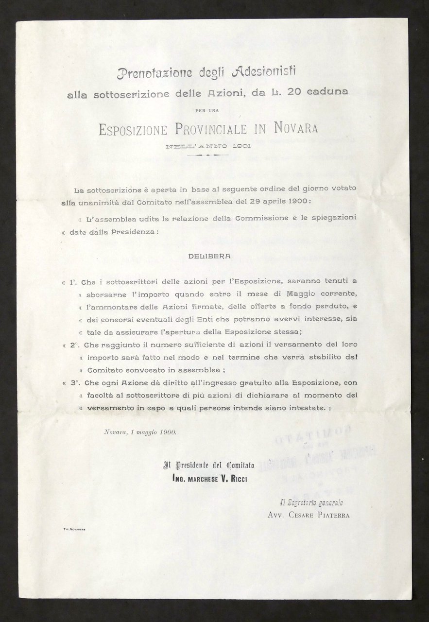 Esposizione Provinciale Novara - Scheda Prenotazione Azioni - Sella - …