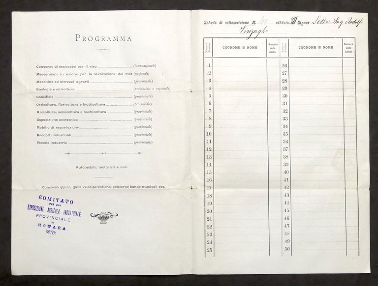 Esposizione Provinciale Novara - Scheda Prenotazione Azioni - Sella - …