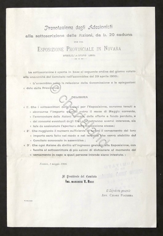 Esposizione Provinciale Novara - Scheda Prenotazione Azioni - Sella - …