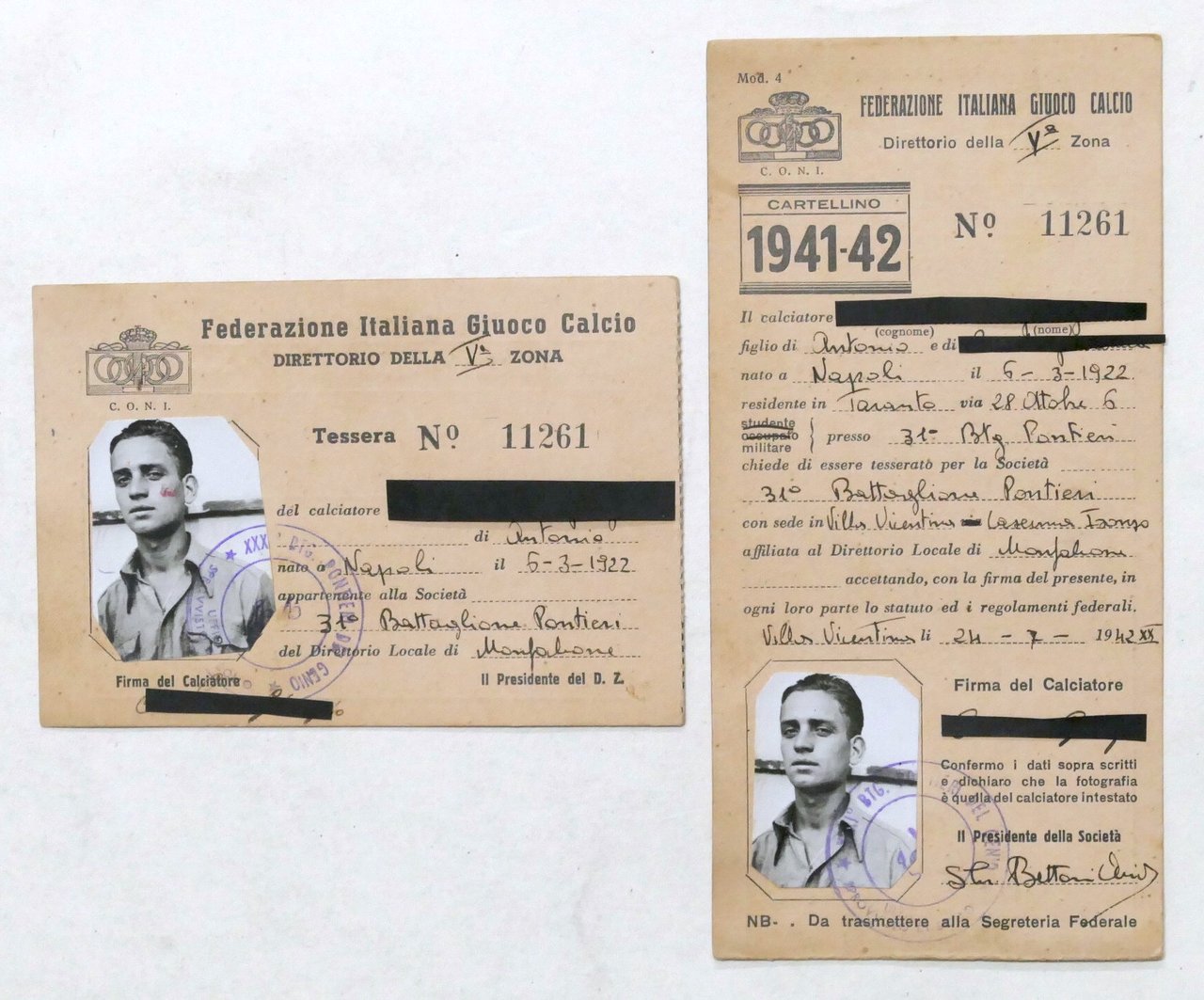 F.I.G.C. Tessera e Cartellino Calciatore Soc. 31° Btg. Pontieri Monfalcone … | Immagine principale