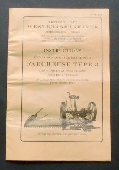 Falciatrice - Westerasmaskiner Instructions pour montage Faucheuse - 1950 ca.
