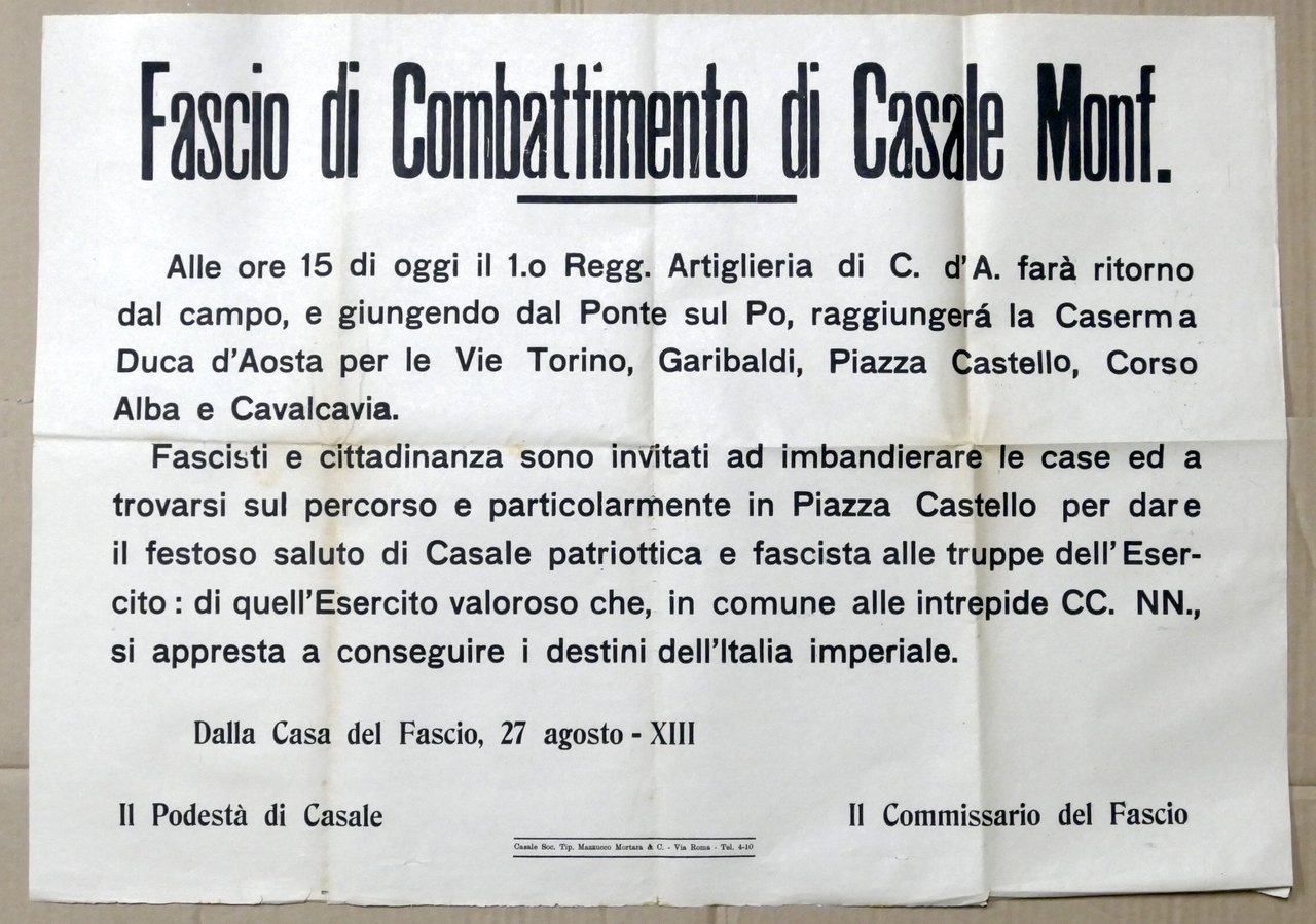 Fascio Combattimento Casale - Avviso passaggio 1° Reggimento Artiglieria - …