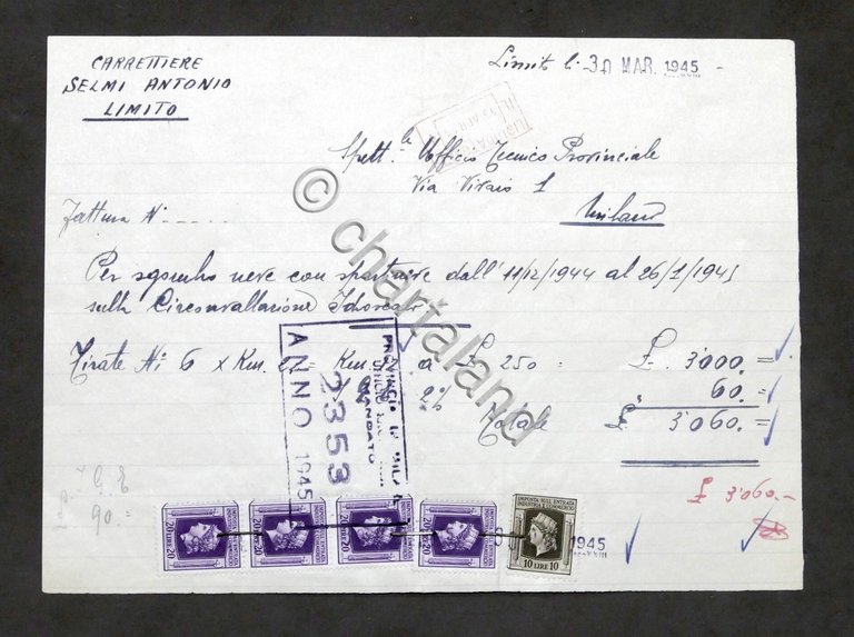 Fattura Carrettiere Selmi Antonio - Sgombero neve Idroscalo Milano - …