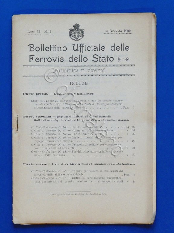 Ferrovie - Bollettino 14 gennaio 1909 - Leggi, decreti, regolamenti, …