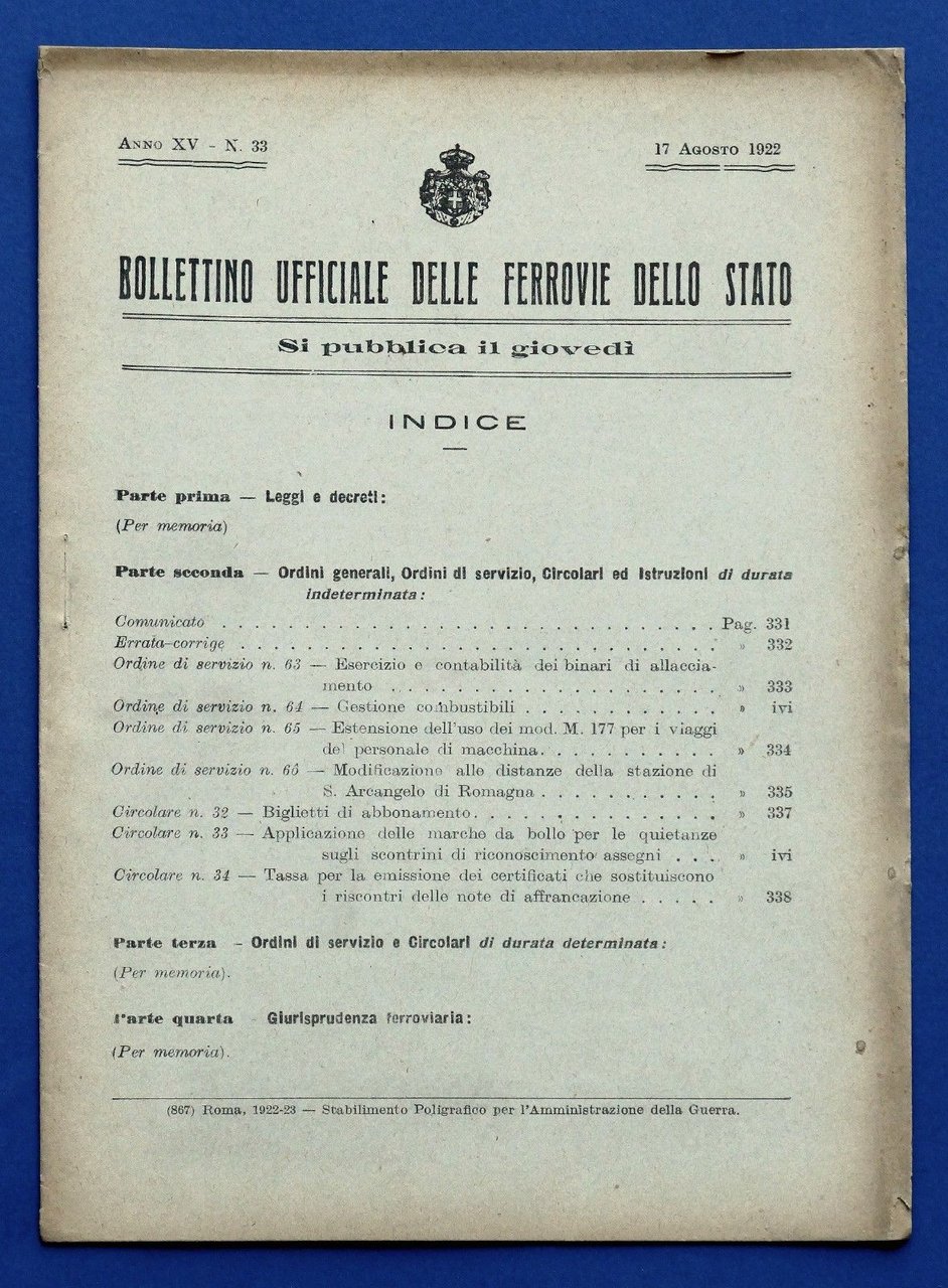 Ferrovie - Bollettino 17 Agosto 1922 - Leggi, decreti, regolamenti, … | Immagine principale