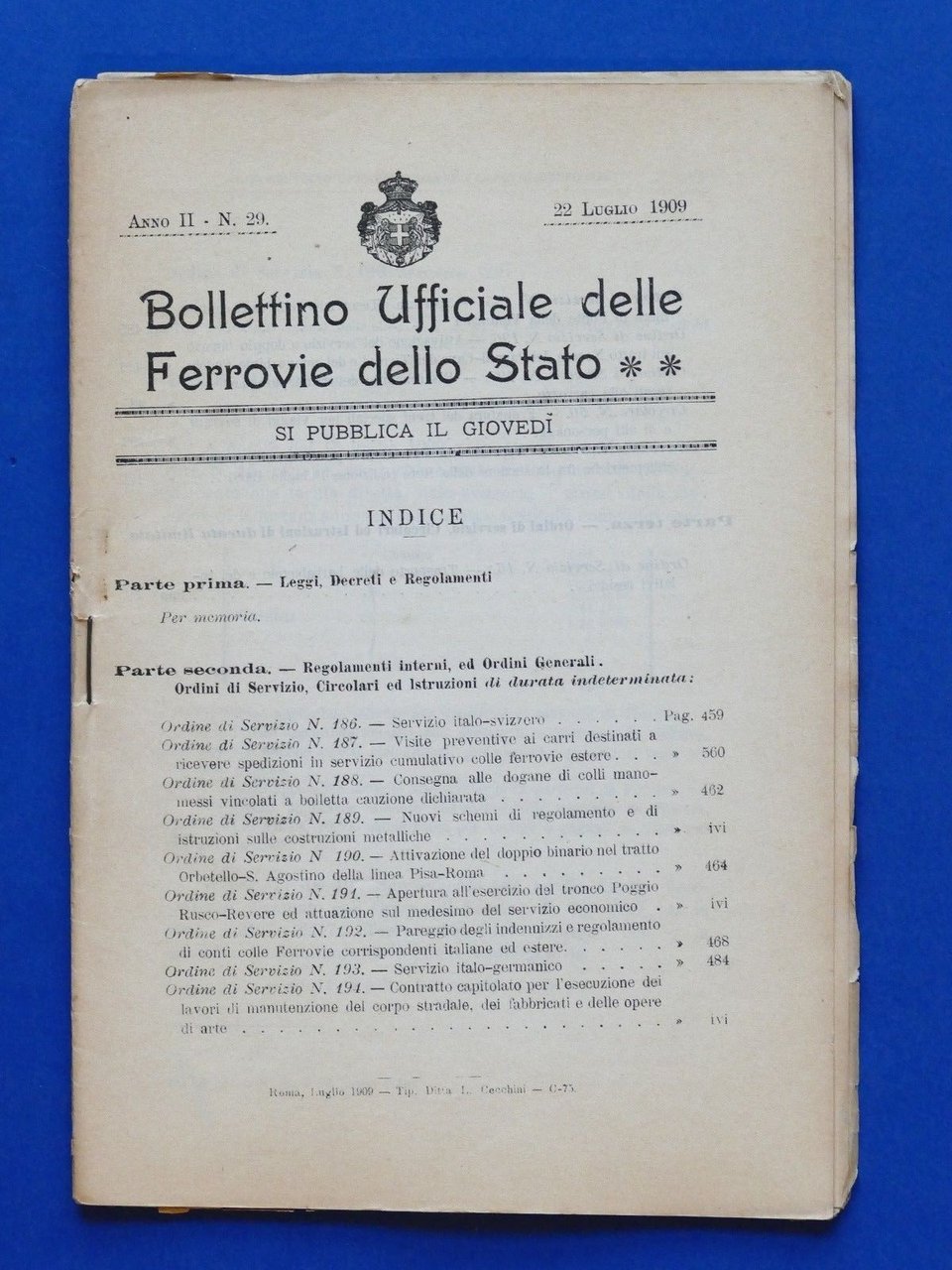 Ferrovie - Bollettino 22 Luglio 1909 - Leggi, decreti, regolamenti, … | Immagine principale