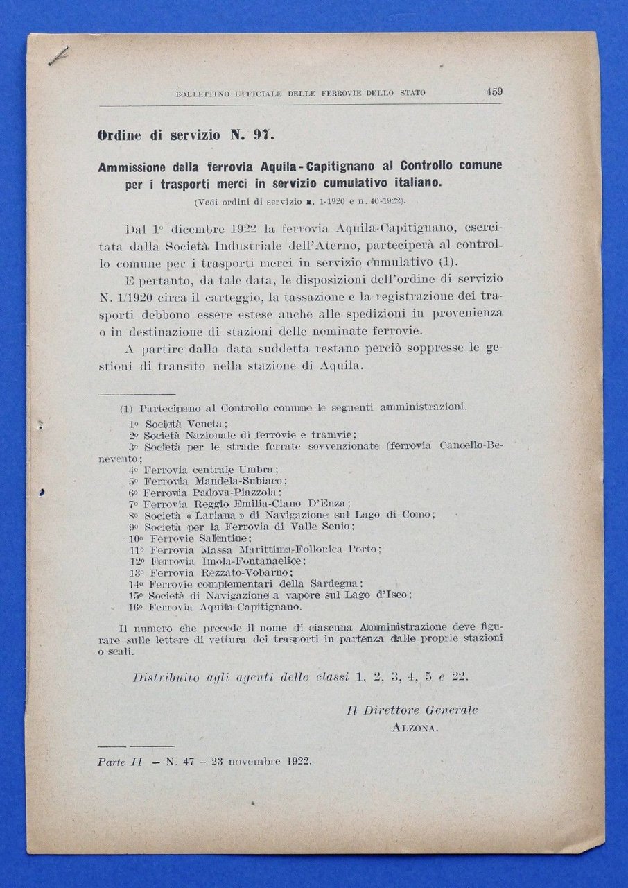 Ferrovie - Bollettino 23 Novembre 1922 - Ordine di Servizio … | Immagine principale
