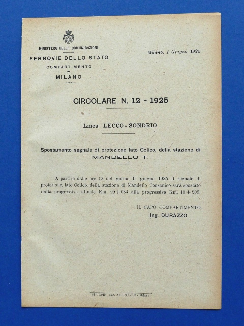 Ferrovie - Circolare N° 12 - 1925 - Linea Lecco …