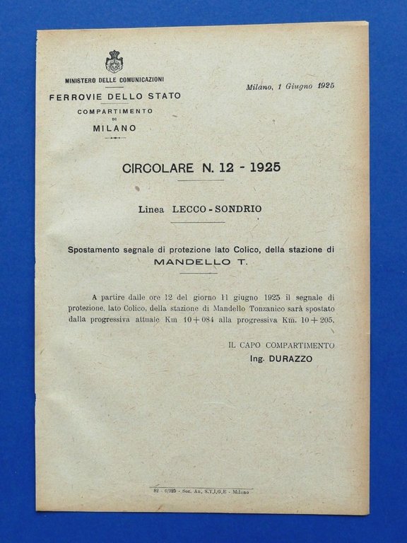 Ferrovie - Circolare N° 12 - 1925 - Linea Lecco Sondrio - Stazione Mandello T.
